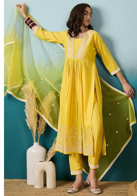 Yellow Thread Sequin Embroidered Chinon Kurta Set