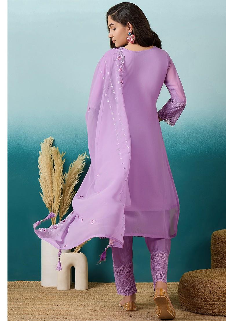Lavender Zari Sequin Embroidered Georgette Kurta Set