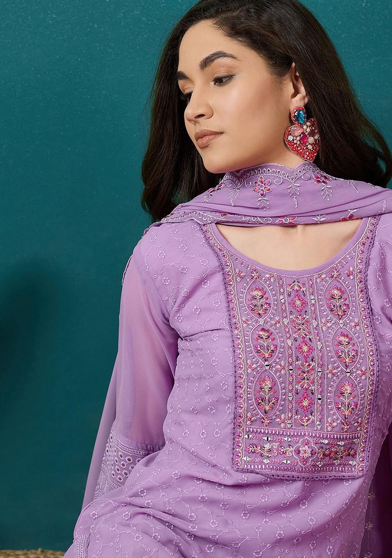 Lavender Zari Sequin Embroidered Georgette Kurta Set