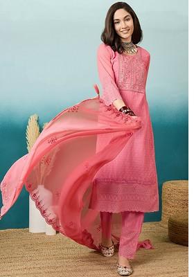 Tomato Red Zari Sequin Embroidered Georgette Kurta Set