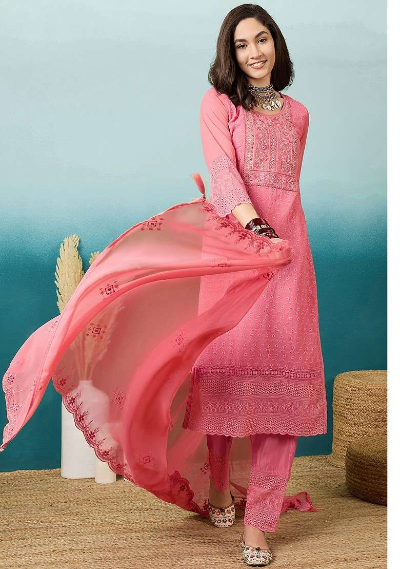 Tomato Red Chikankari Georgette Straight Kurta Set - Indya