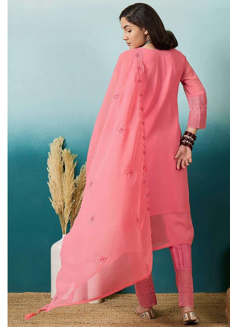 Tomato Red Chikankari Georgette Straight Kurta Set - Indya