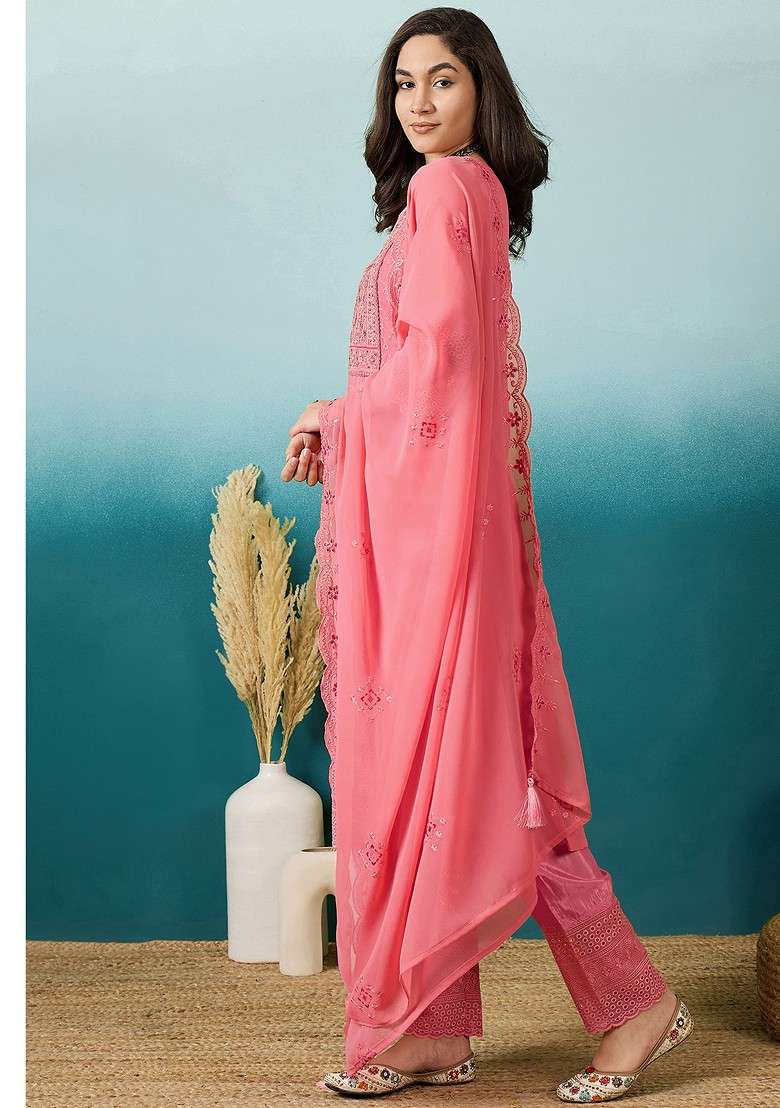 Tomato Red Chikankari Georgette Straight Kurta Set - Indya