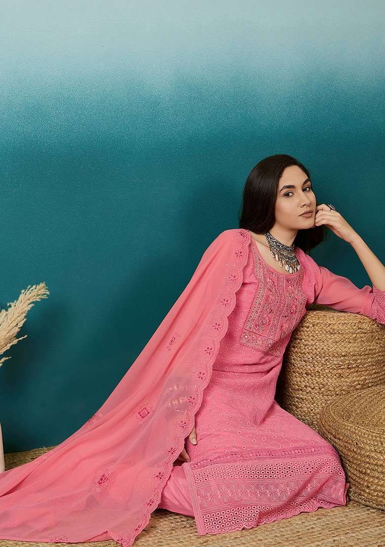Tomato Red Chikankari Georgette Straight Kurta Set - Indya