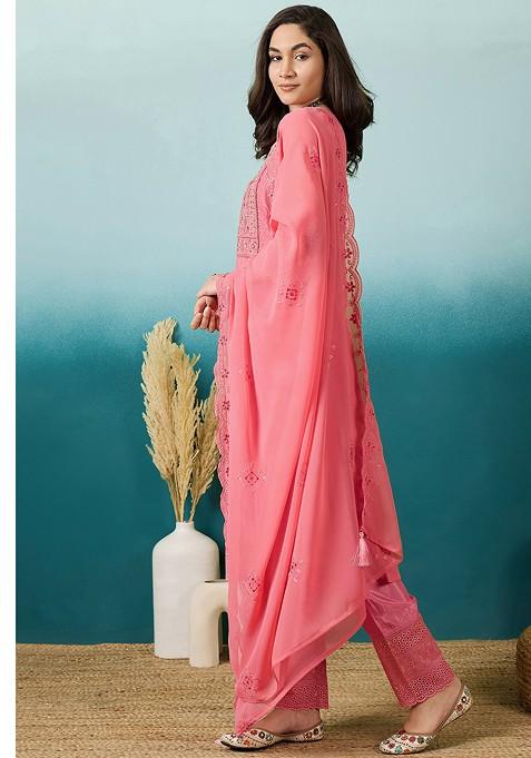 Reddish Pink High Slit Georgette Kurta Set with Zari Embroidery & Flared Palazzo