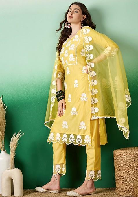 Yellow Thread Embroidered Chinon Kurta Set