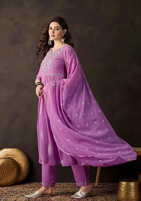 Lavender Zari Sequin Embroidered Georgette Kurta Set