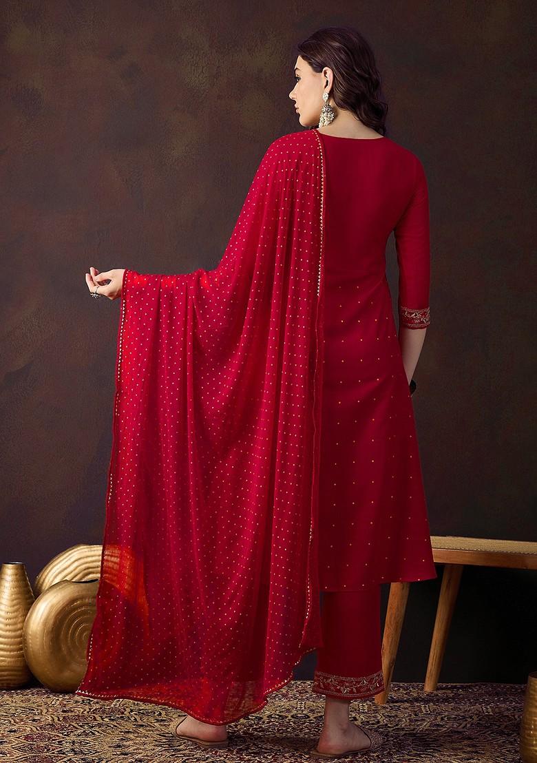 Red Zari Sequin Embroidered Chinon Kurta Set