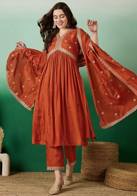 Orange Zari Sequin Embroidered Vichitra Kurta Set