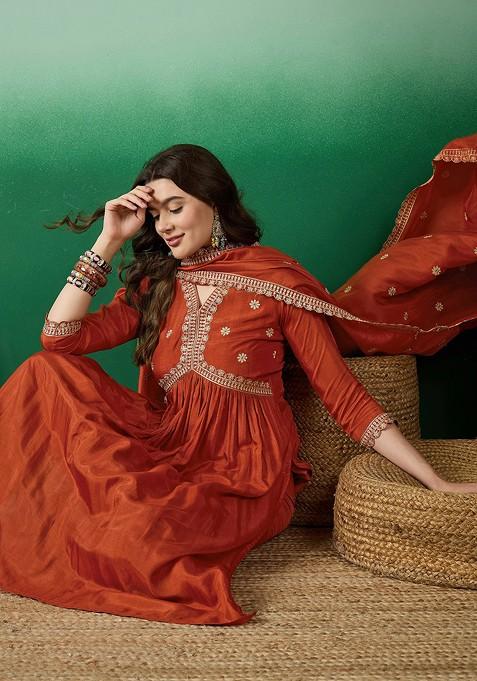 Women’s Orange Vichitra Silk Embroidered Kurta Set with Rayon Pant & Dupatta
