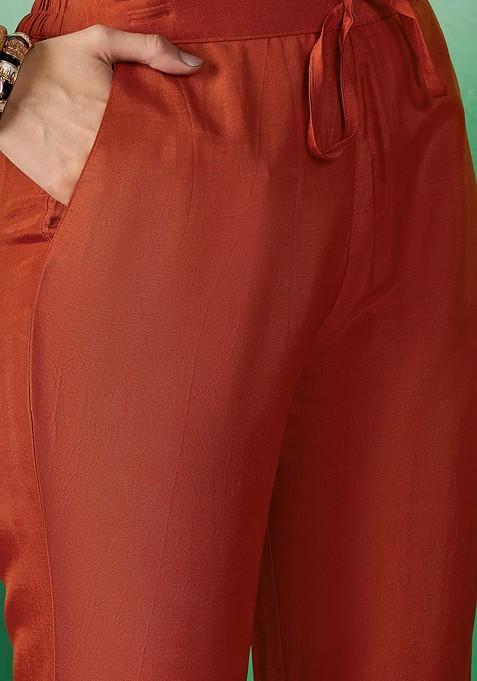 Women Orange Vichitra Silk Kurta Set With Dupatta Embroidery Work