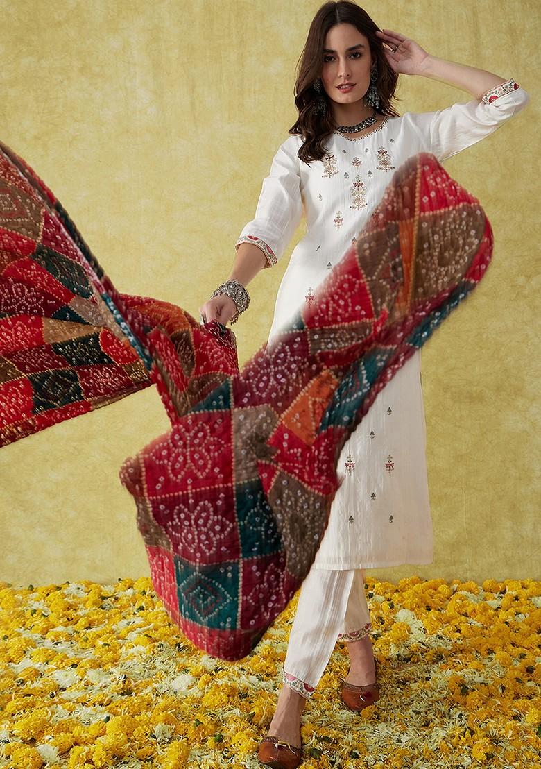 White Sequin Embroidered Silk Blend Kurta Set