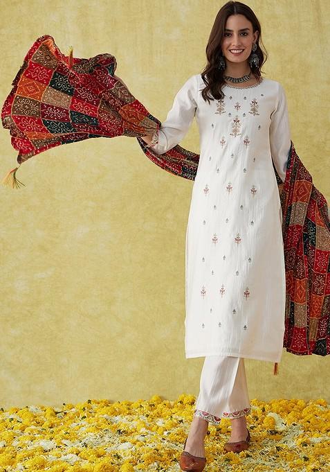 White Sequin Embroidered Silk Blend Kurta Set