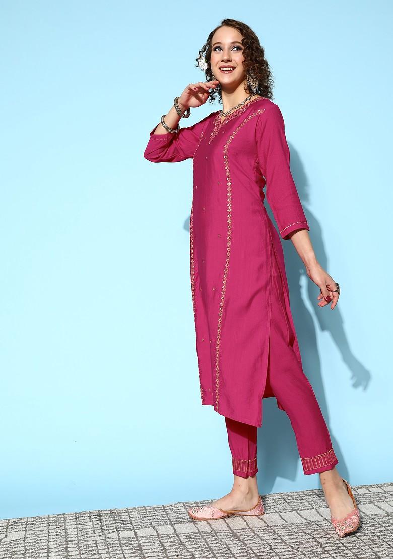 Rani Pink Zari Sequin Embroidered Cotton Blend Kurta Set