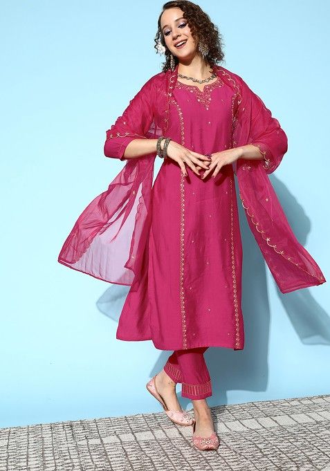 Rani Pink Zari Sequin Embroidered Cotton Blend Kurta Set