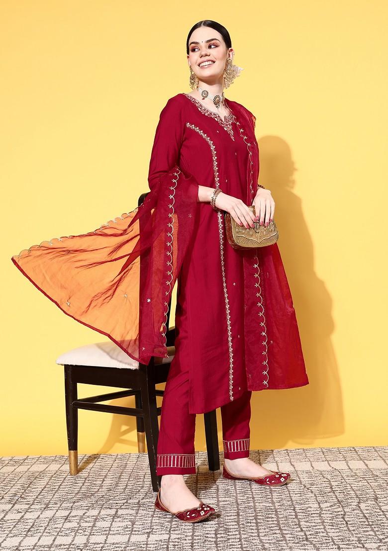 Maroon Zari Sequin Embroidered Cotton Blend Kurta Set
