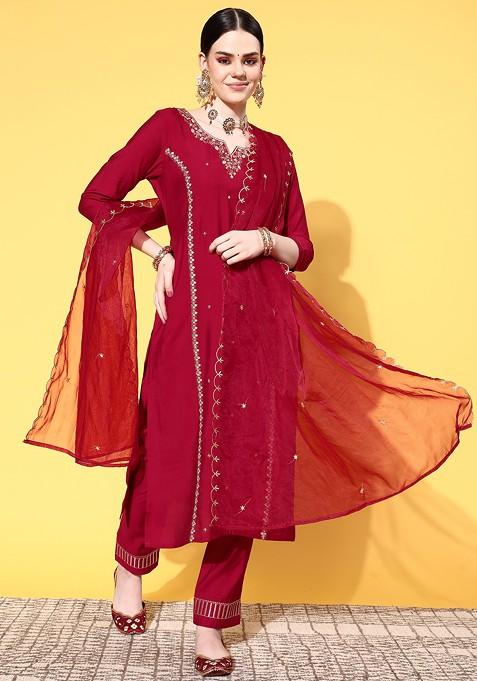 Maroon Zari Sequin Embroidered Cotton Blend Kurta Set