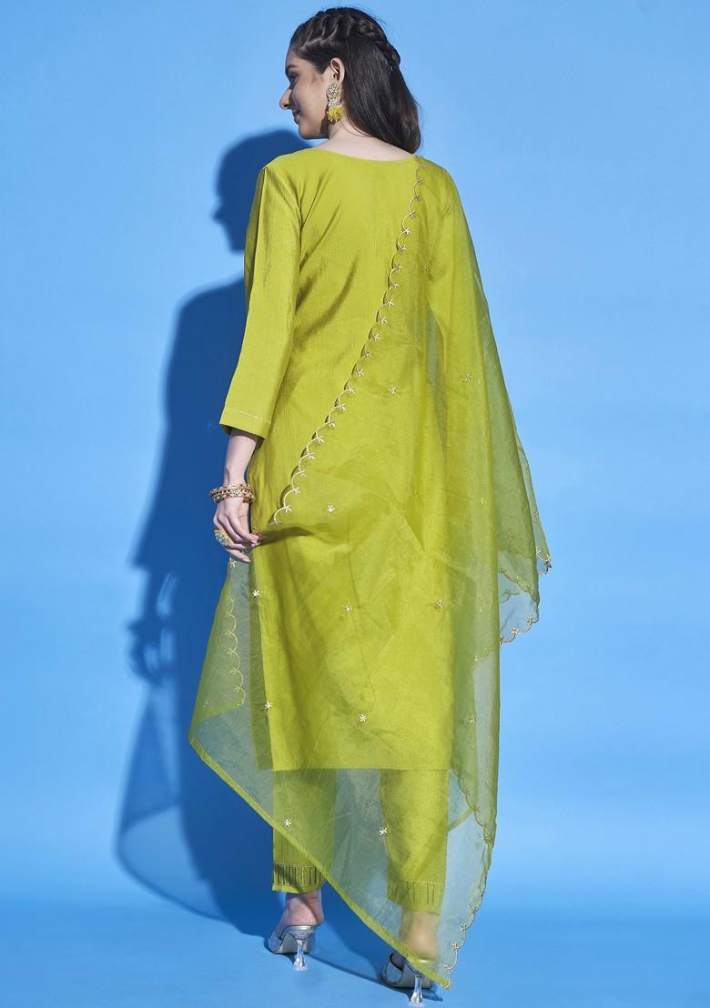 Green Zari Sequin Embroidered Cotton Blend Kurta Set
