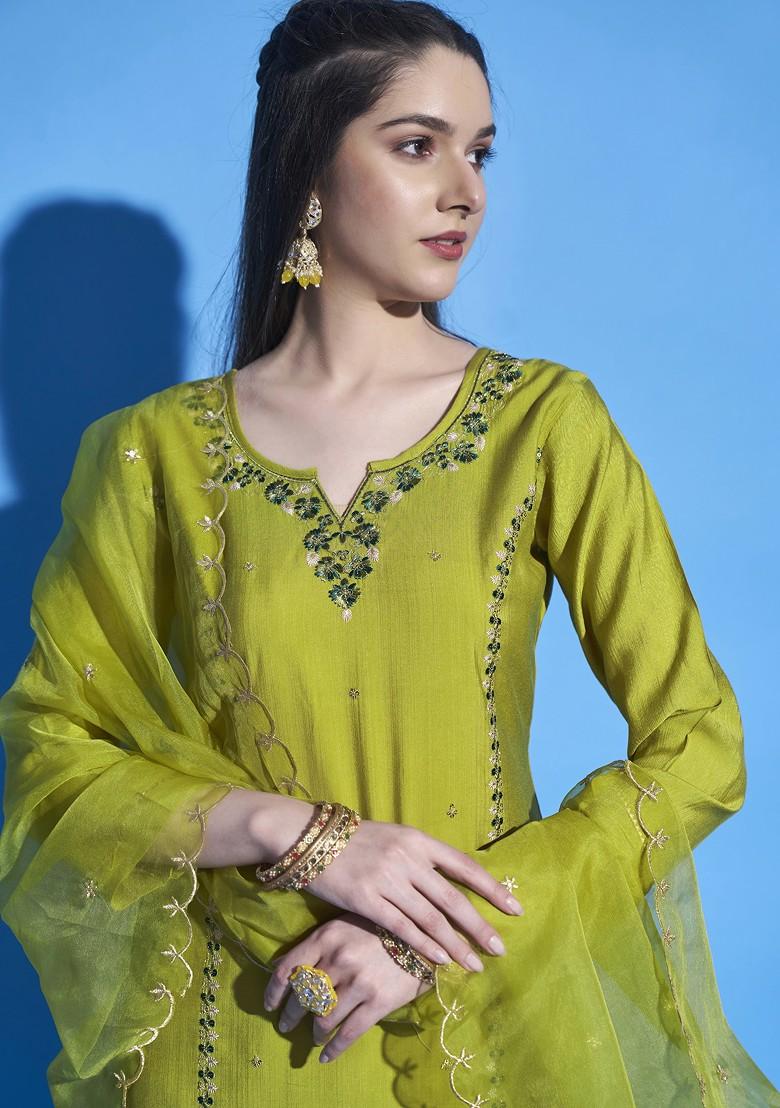 Green Zari Sequin Embroidered Cotton Blend Kurta Set