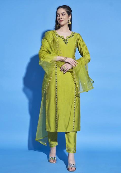 Green Zari Sequin Embroidered Cotton Blend Kurta Set