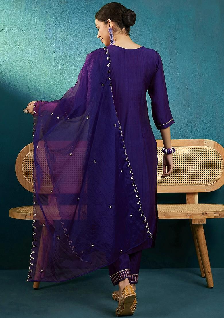 Purple Zari Sequin Embroidered Cotton Blend Kurta Set