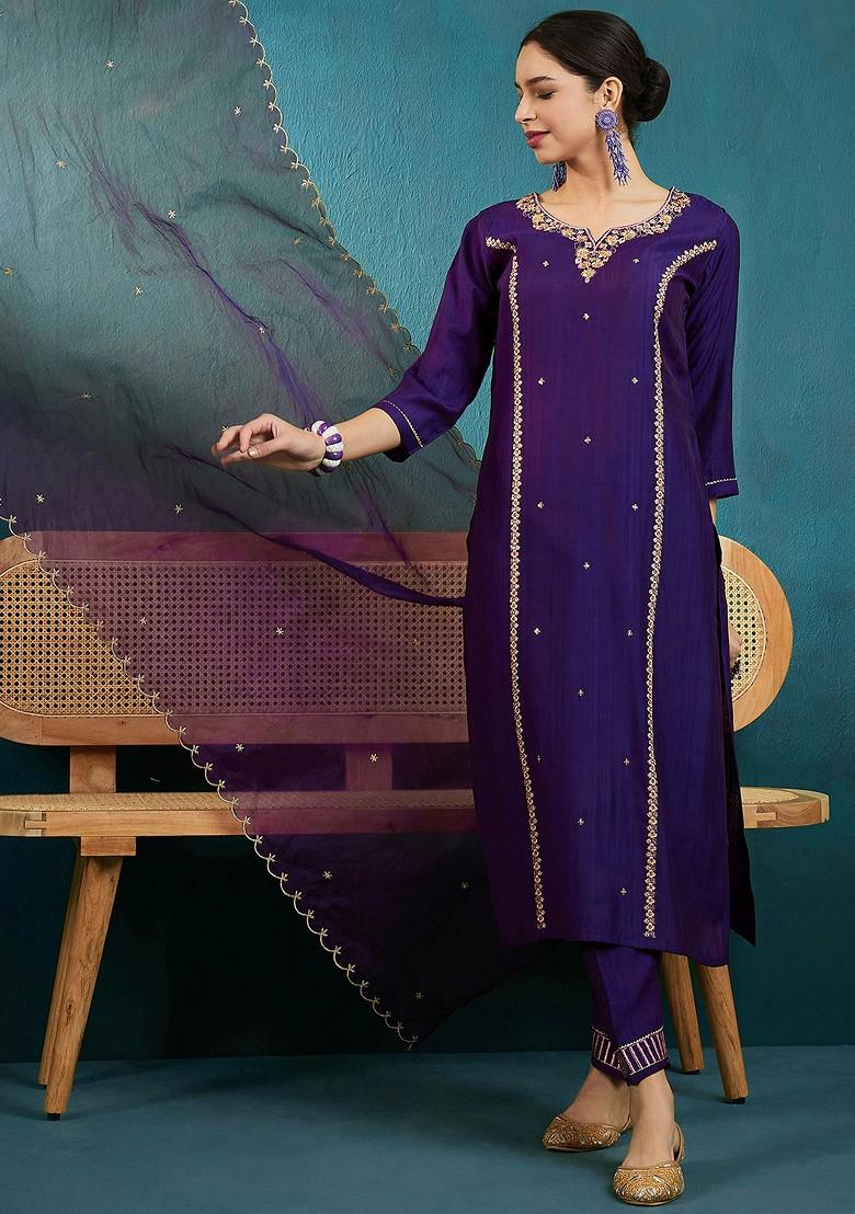 Purple Zari Sequin Embroidered Cotton Blend Kurta Set