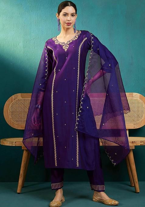 Purple Zari Sequin Embroidered Cotton Blend Kurta Set