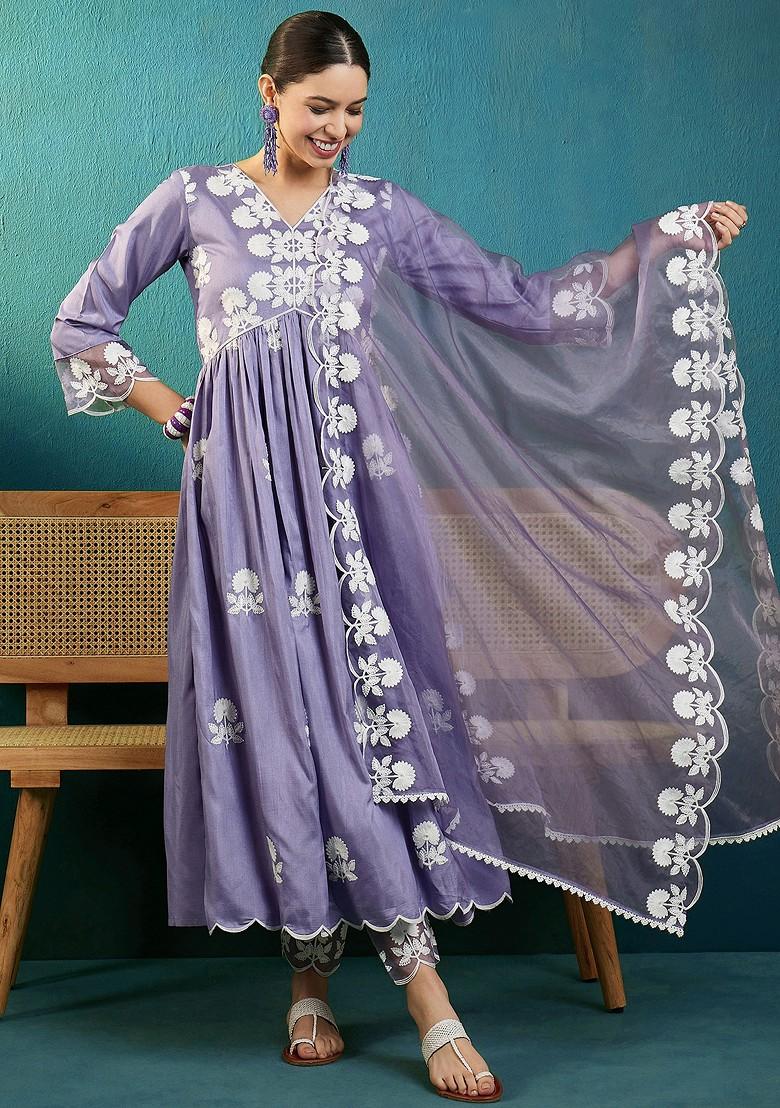 Lavender Chain Work Embroidered Silk Blend Kurta Set