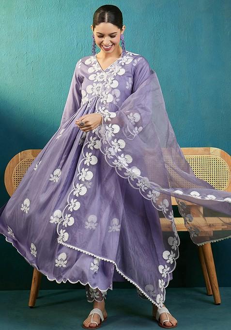 Lavender Chain Work Embroidered Silk Blend Kurta Set