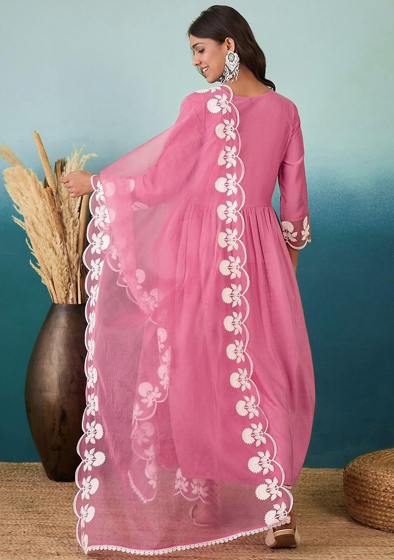 Pink Chain Work Embroidered Chinon Kurta Set