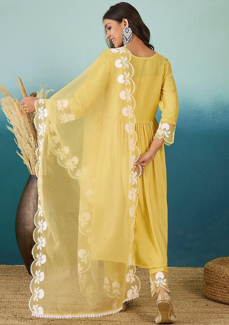 Yellow Chain Work Embroidered Chinon Kurta Set