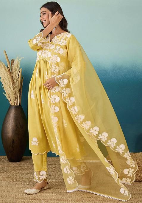 Yellow Chain Work Embroidered Chinon Kurta Set