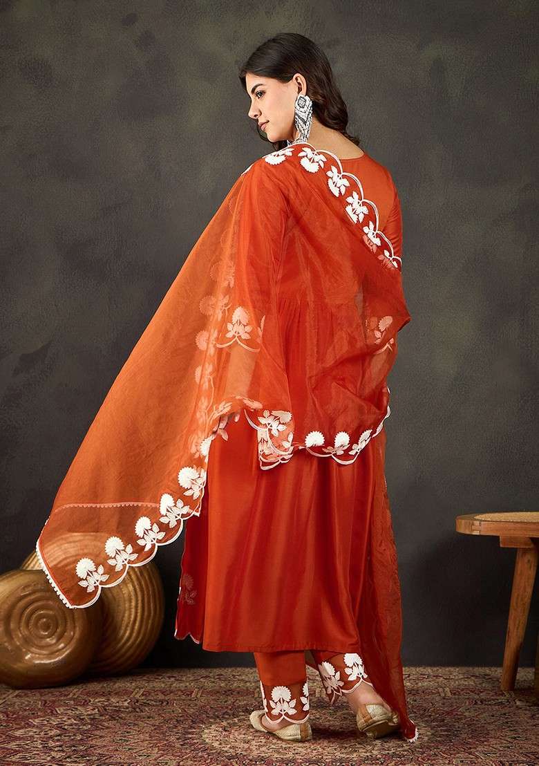 Orange Embroidered Chinon Anarkali Set - Indya