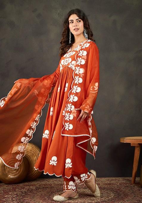 Orange Chain Work Embroidered Chinon Kurta Set