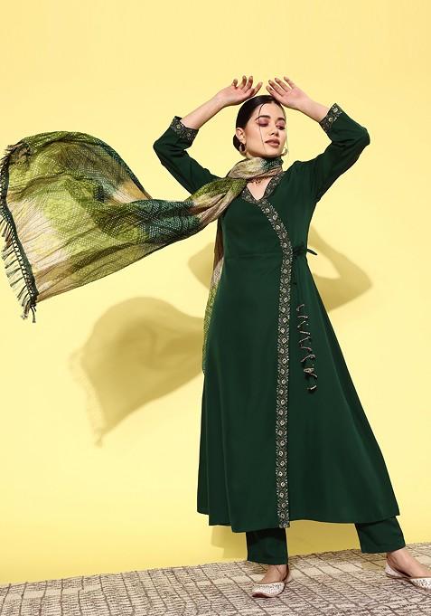 Green Zari Sequin Embroidered Crepe Kurta Set