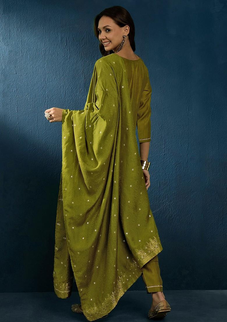 Mehndi Green Zari Sequin Embroidered Silk Blend Kurta Set