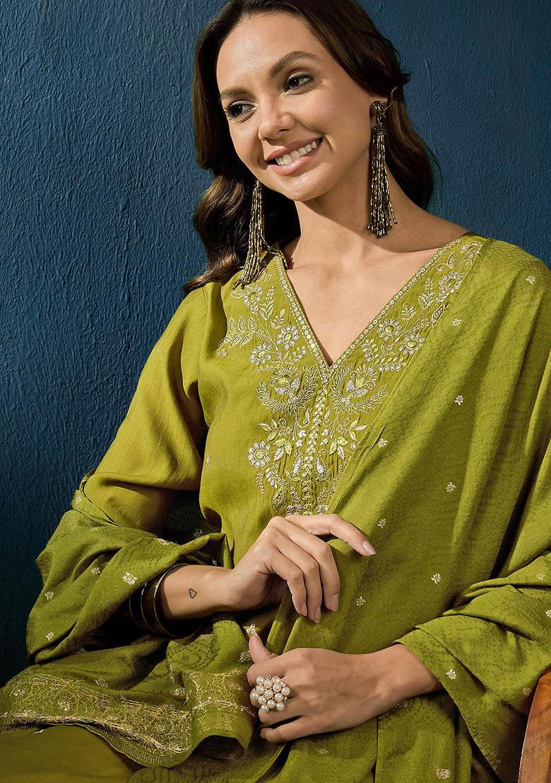 Mehndi Green Zari Sequin Embroidered Silk Blend Kurta Set