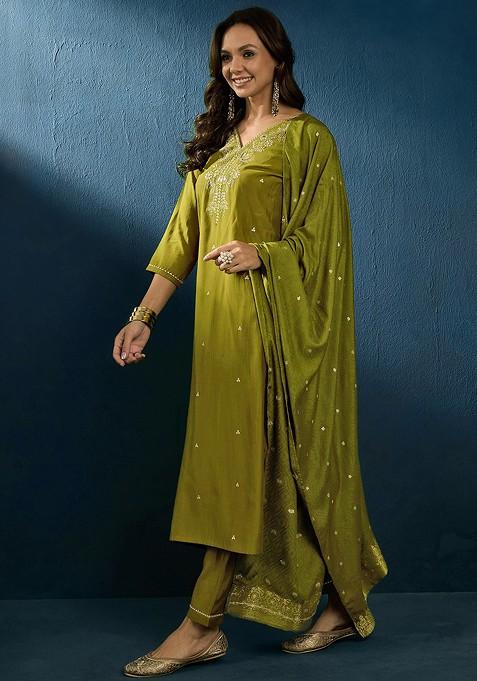 Mehndi Green Zari Sequin Embroidered Silk Blend Kurta Set