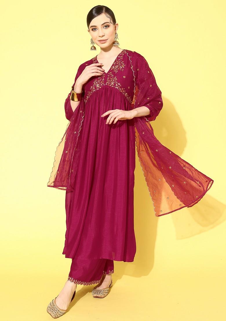 Pink Zari Sequin Embroidered Vichitra Kurta Set