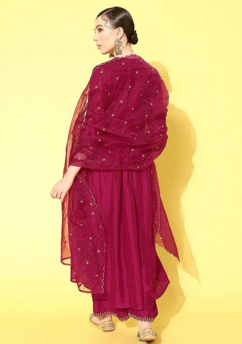 Pink Zari Sequin Embroidered Vichitra Kurta Set