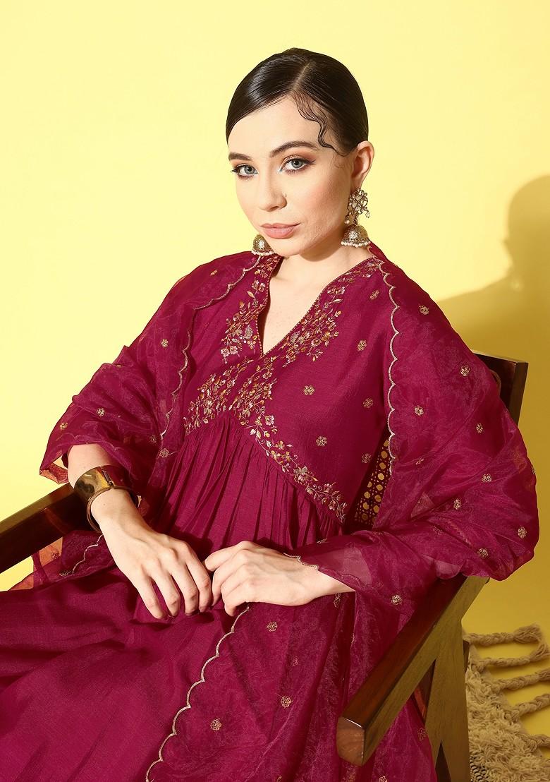 Pink Zari Sequin Embroidered Vichitra Kurta Set