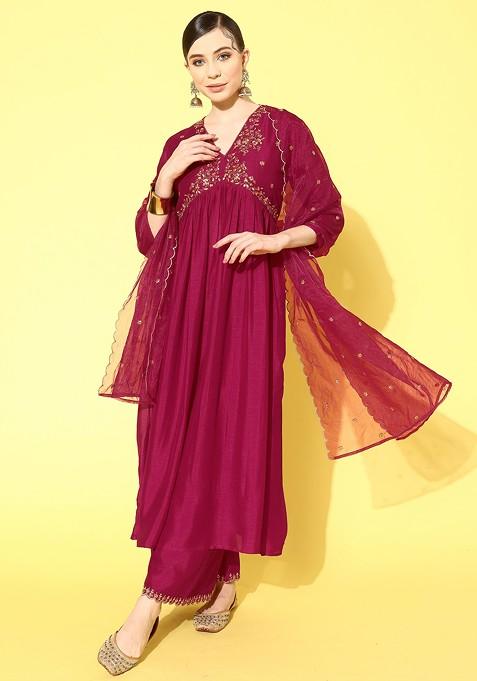 Pink Zari Sequin Embroidered Vichitra Kurta Set