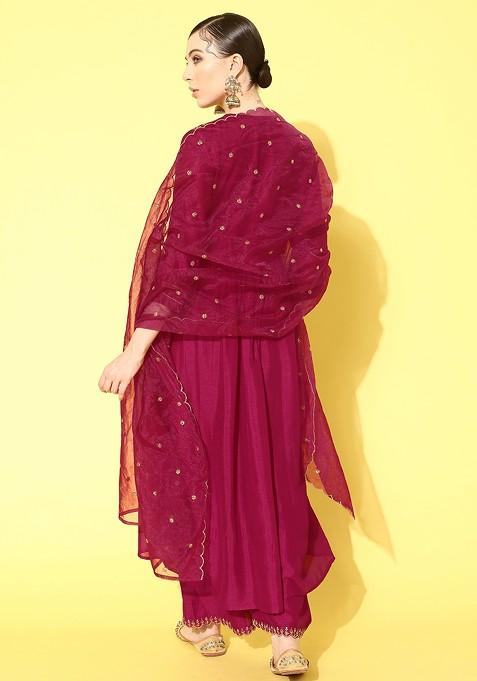 Pink Zari Sequin Embroidered Vichitra Kurta Set