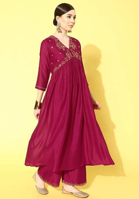 Pink Zari Sequin Embroidered Vichitra Kurta Set