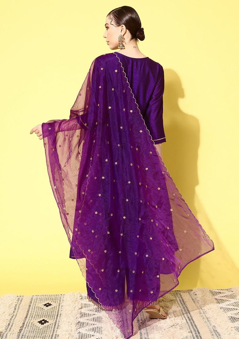 Purple Zari Sequin Embroidered Vichitra Kurta Set