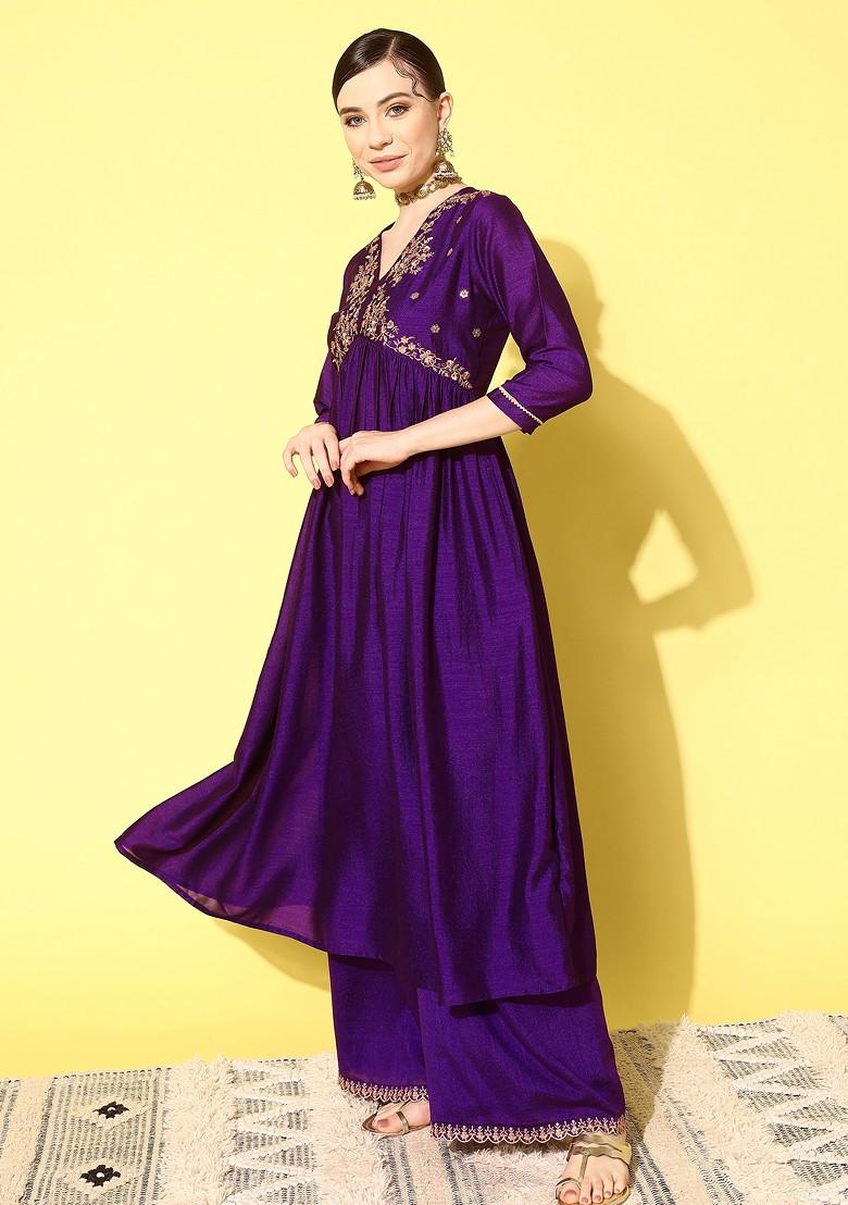 Purple Zari Sequin Embroidered Vichitra Kurta Set