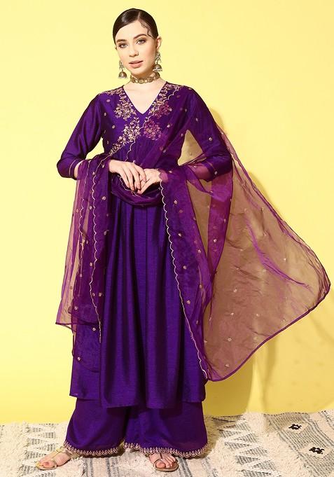 Purple Zari Sequin Embroidered Vichitra Kurta Set