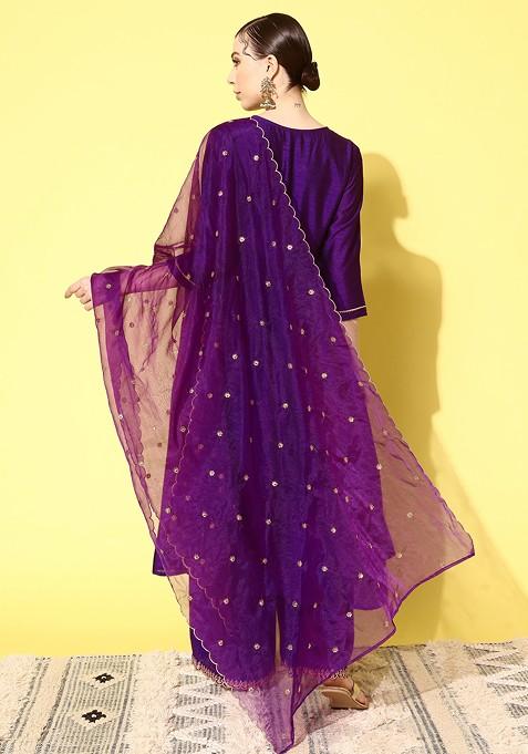 Purple Zari Sequin Embroidered Vichitra Kurta Set