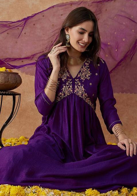 Purple Zari Sequin Embroidered Vichitra Kurta Set