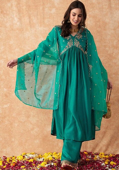 Rama Green Zari Sequin Embroidered Vichitra Kurta Set